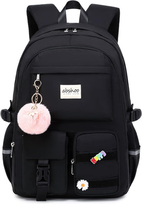 Sac à dos femme tendance pastel – Grand sac scolaire multifonction avec pompon rose & patchs décoratifs – Mode, voyage & quotidien